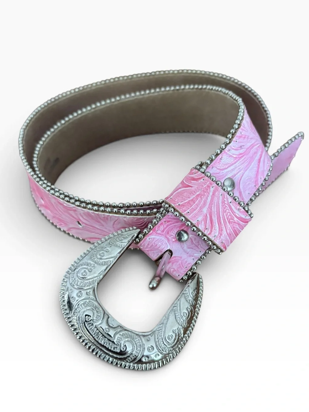 Vintage Western Pink Tooled Leather Belt Silver Western Buckle S/M Beaded Trim